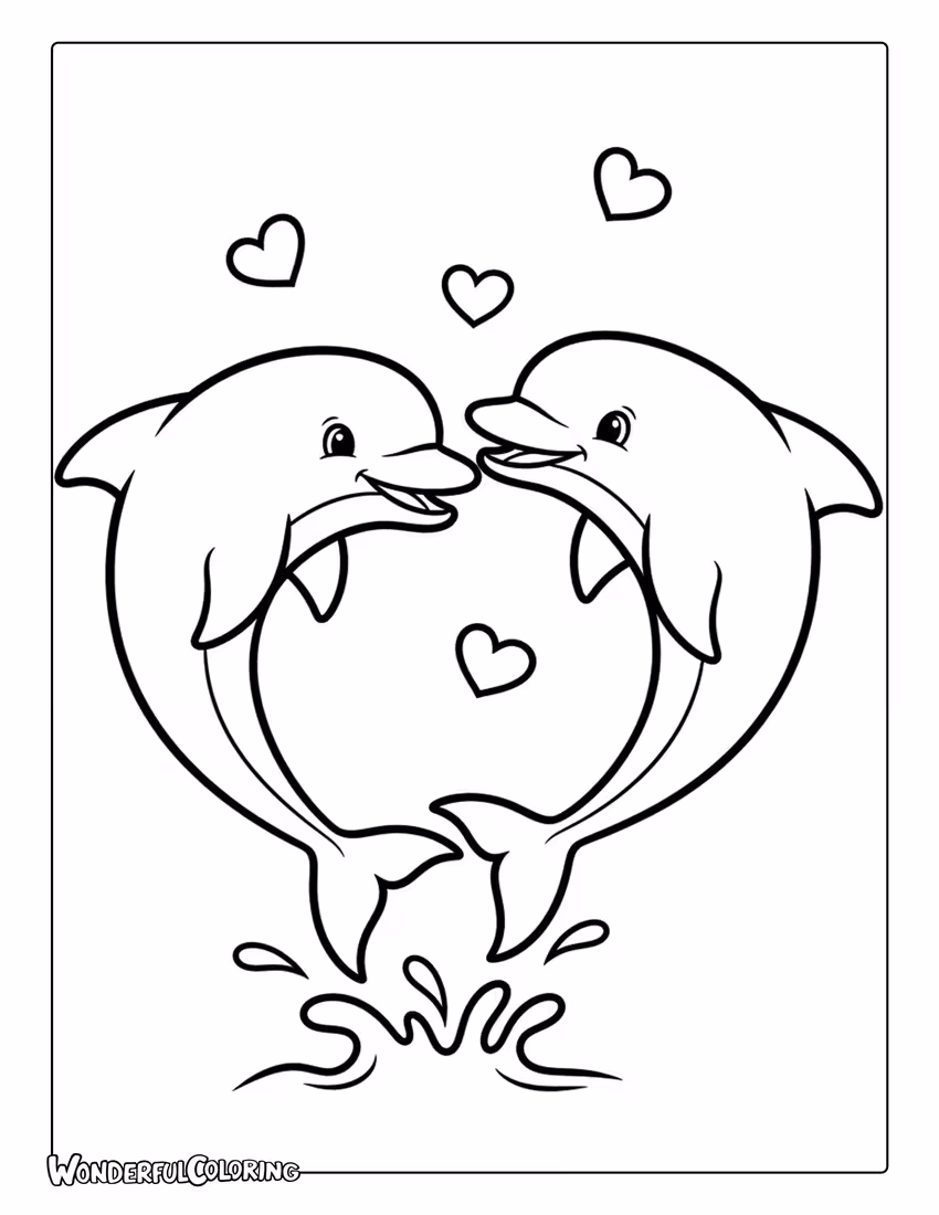 Dolphin couple jumping heart shape Valentine coloring page