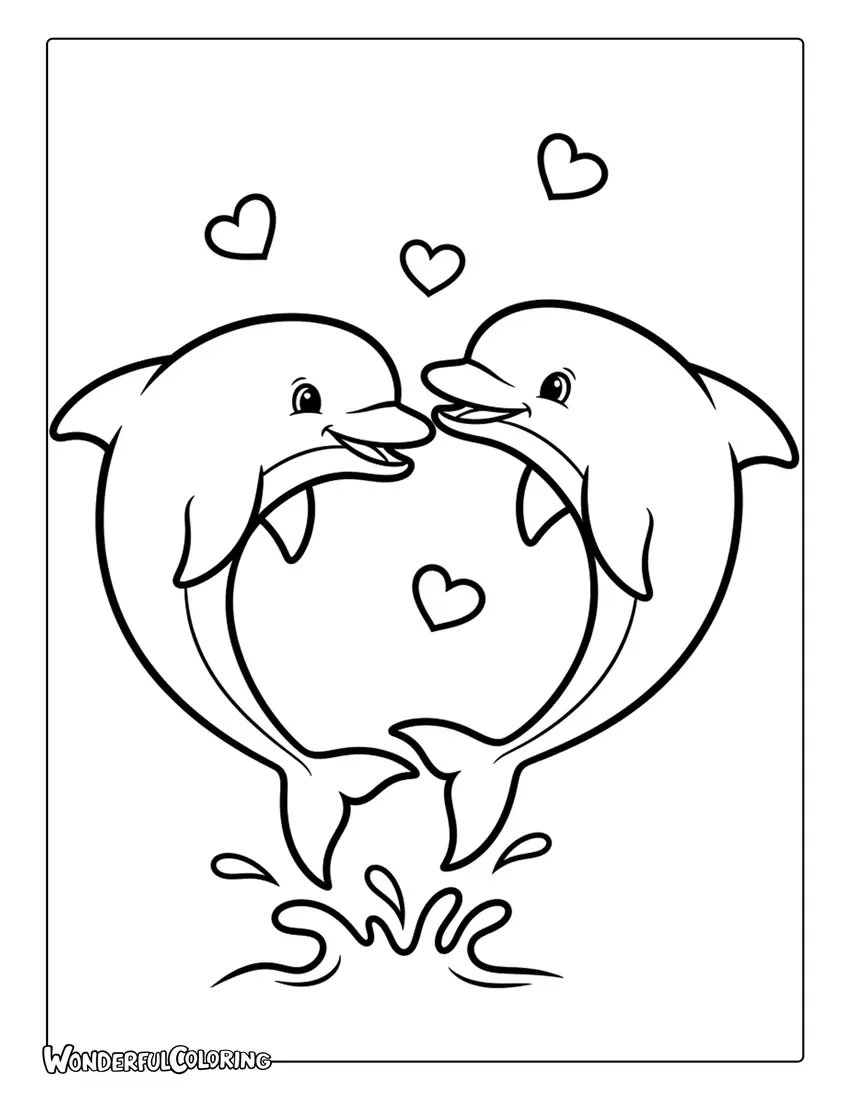 Dolphin couple jumping heart shape Valentine coloring page
