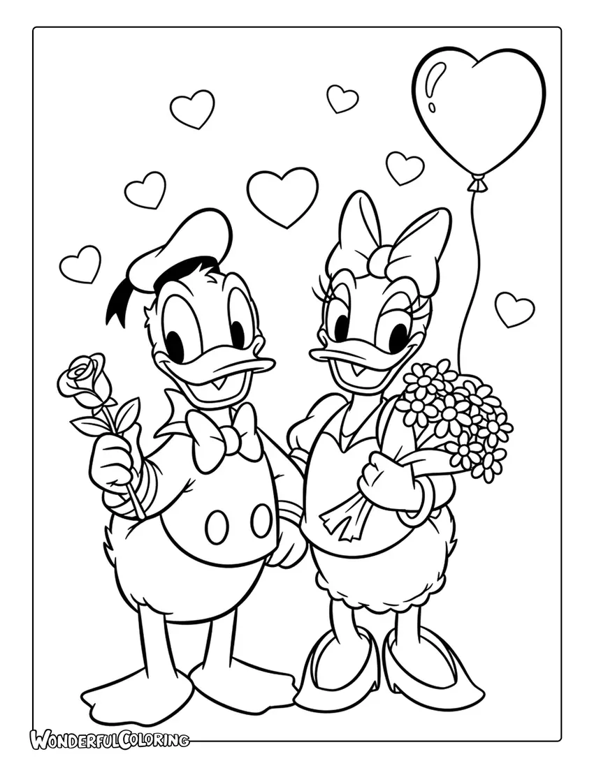 Donald and Daisy dressed for Valentine’s Day coloring page
