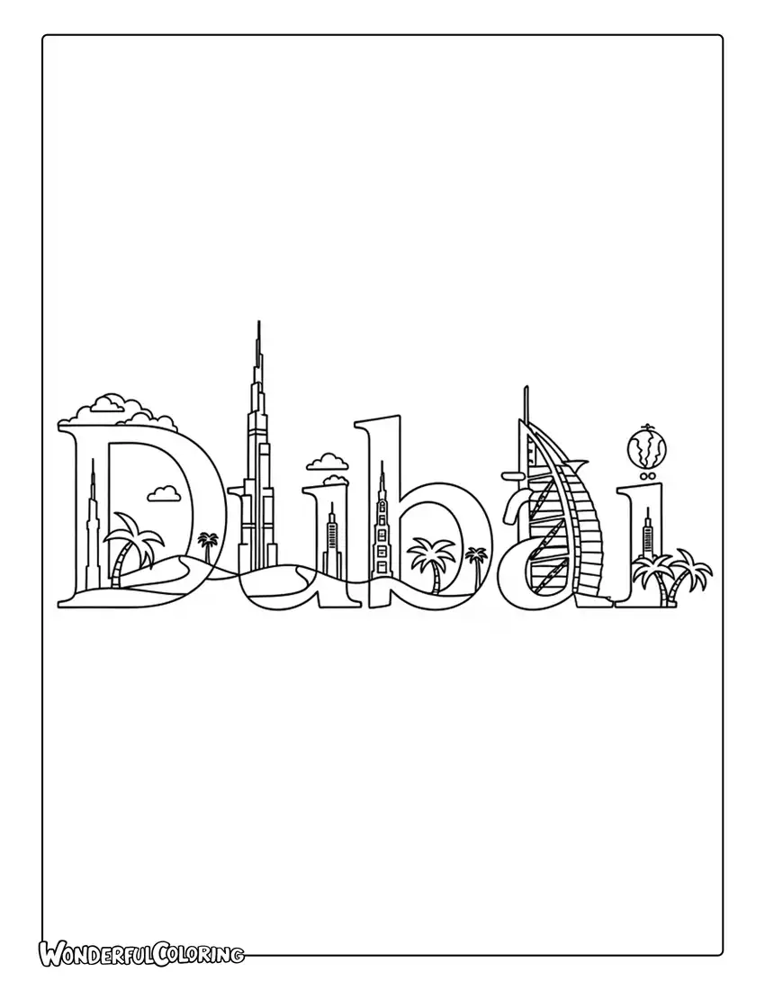 Dubai Arabic calligraphy design coloring page with desert and skyline elements