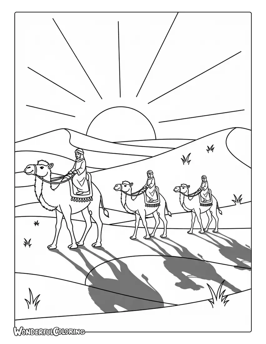 Dubai desert camel caravan coloring page with sand dunes and sunset sky
