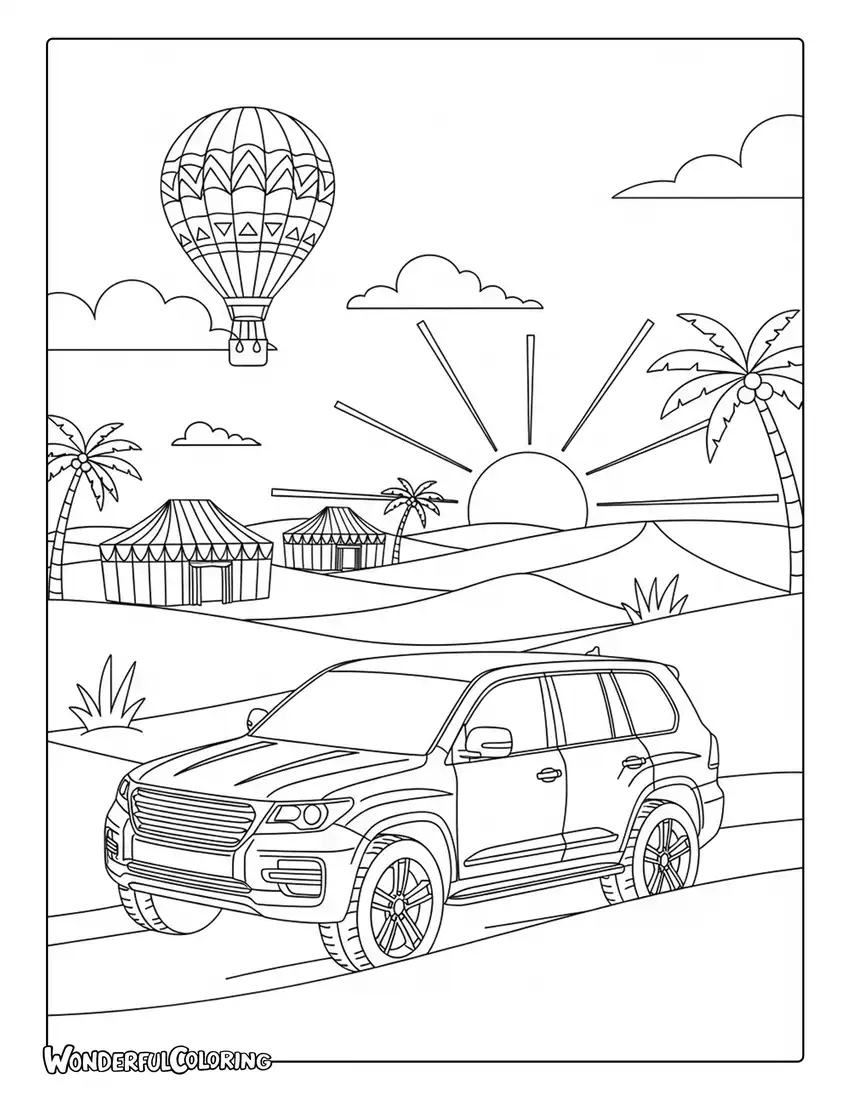 Dubai desert safari SUV coloring page with vehicle driving over dunes