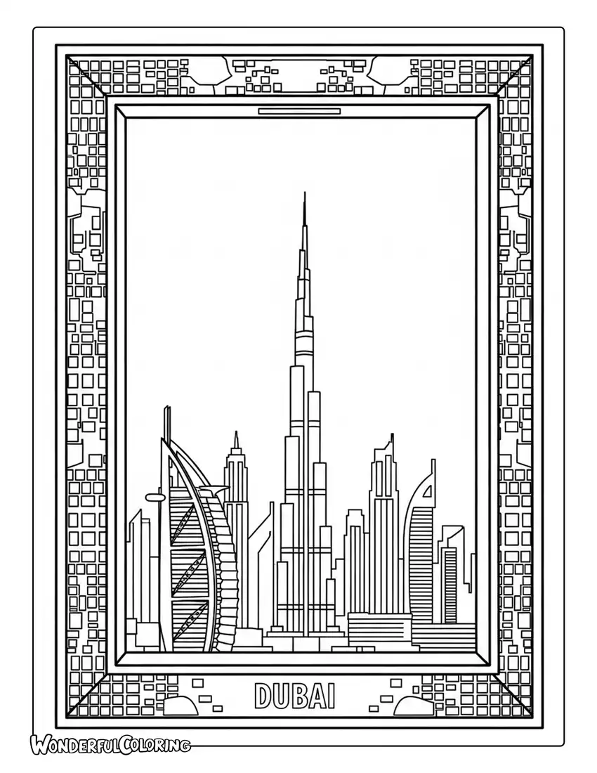 Dubai Frame landmark coloring page with modern architecture and city skyline