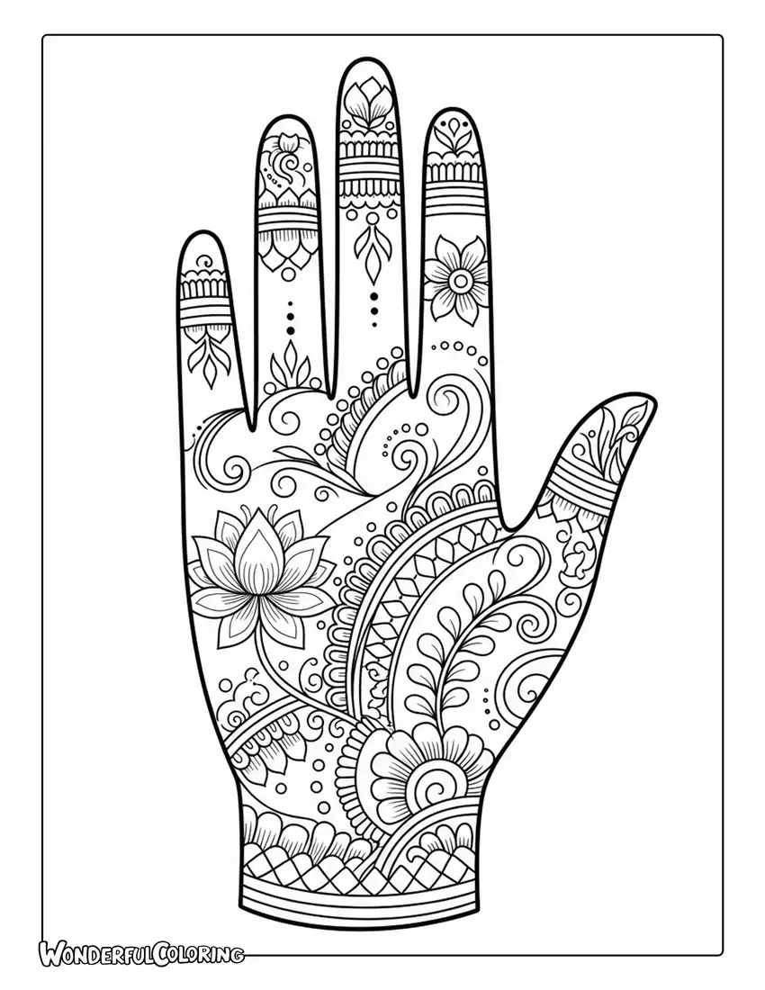 Dubai henna pattern coloring page with floral and geometric hand designs