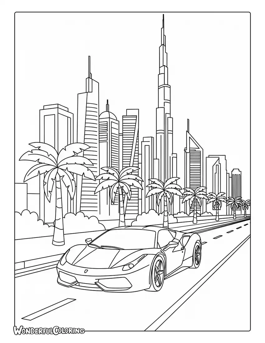 Dubai luxury sports car coloring page with modern city road and skyscrapers
