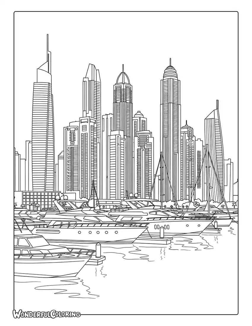 Dubai Marina skyline yachts coloring page with skyscrapers and waterfront