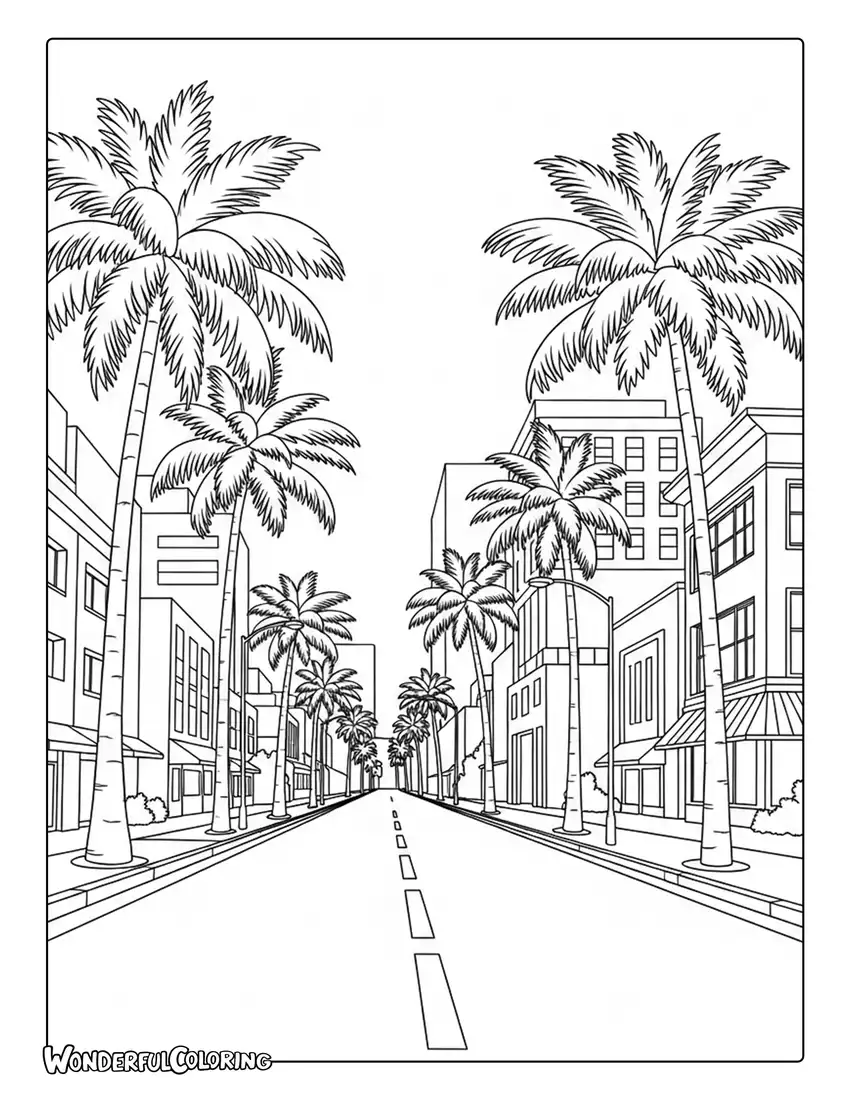 Dubai palm tree boulevard coloring page with sunny urban street scene