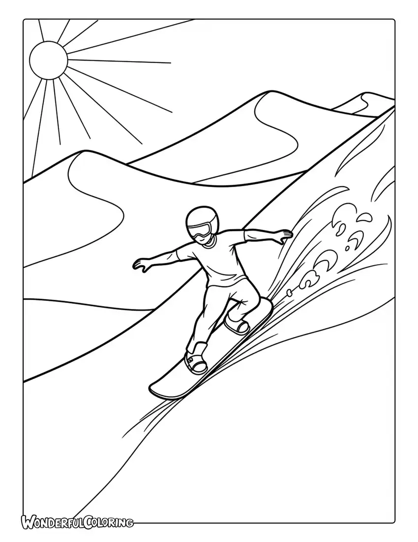 Dubai sandboarding adventure coloring page with person sliding down sand dunes