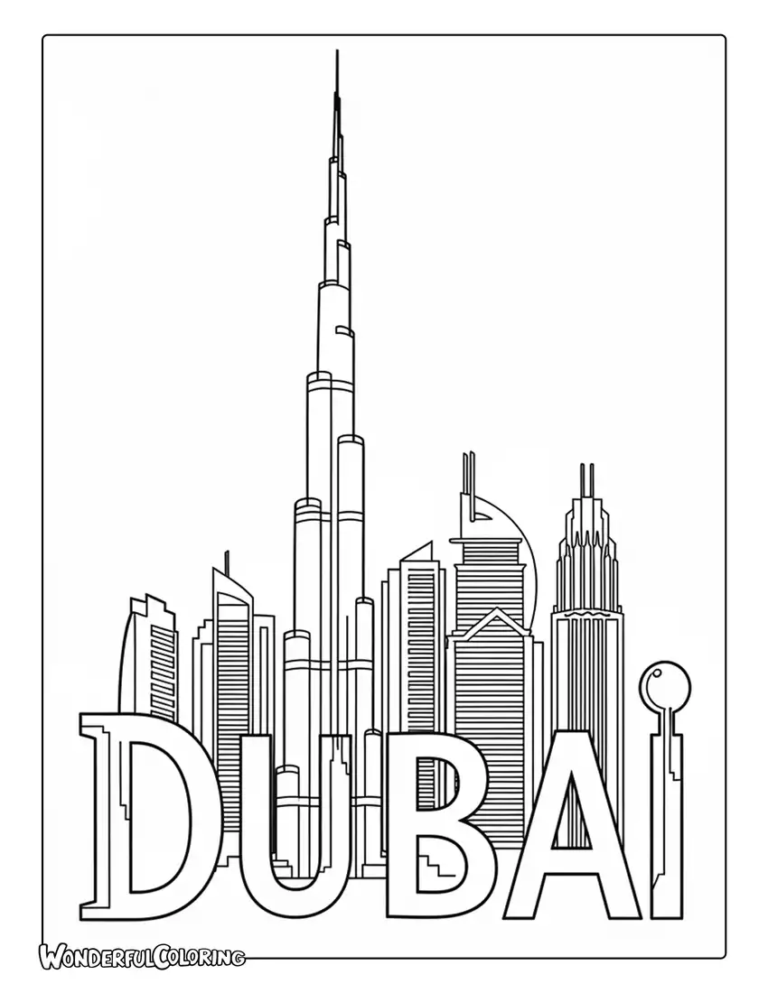 Dubai skyline typography coloring page with city buildings forming letters