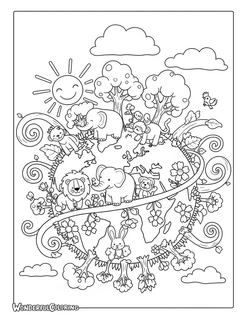 earth as garden trees flowers animals fantasy coloring page