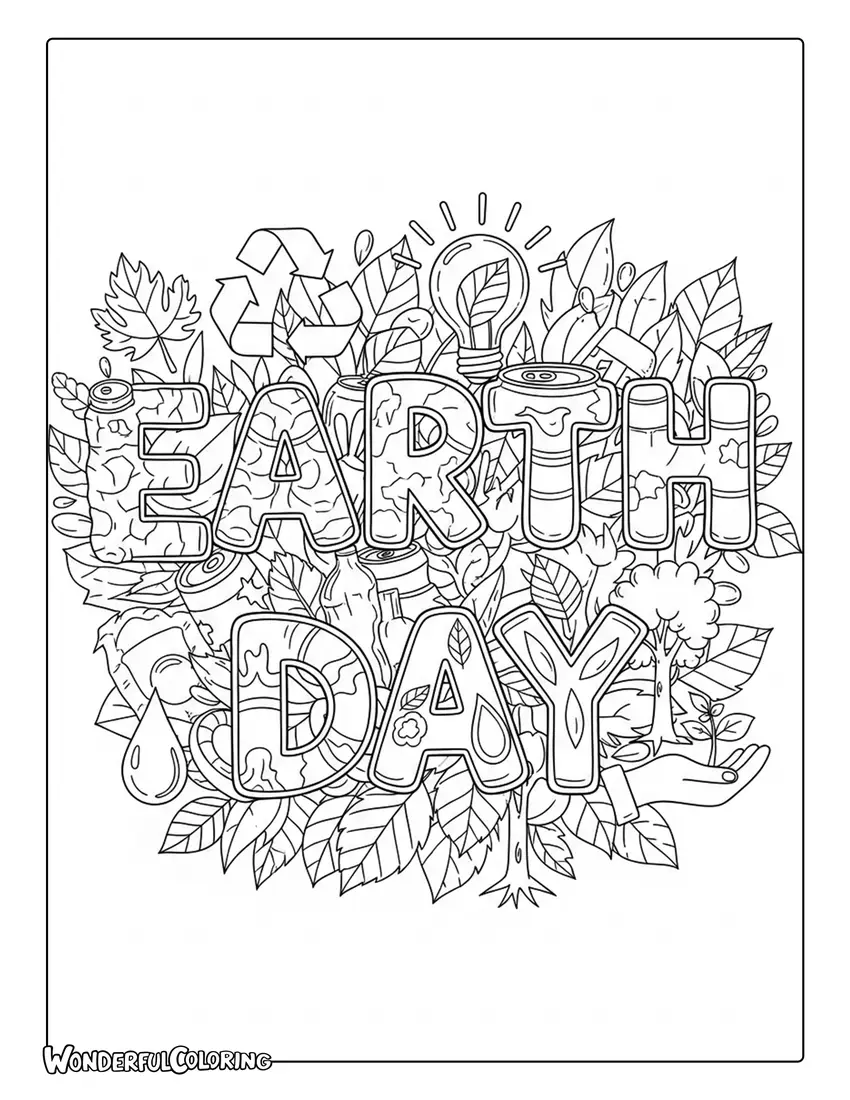earth day lettering recycled materials leaves eco icons coloring page