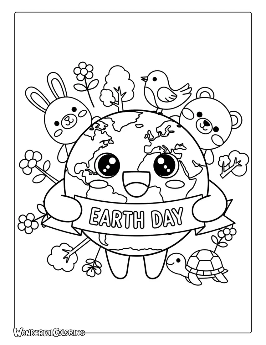 earth day smiling earth holding banner animals plants coloring page