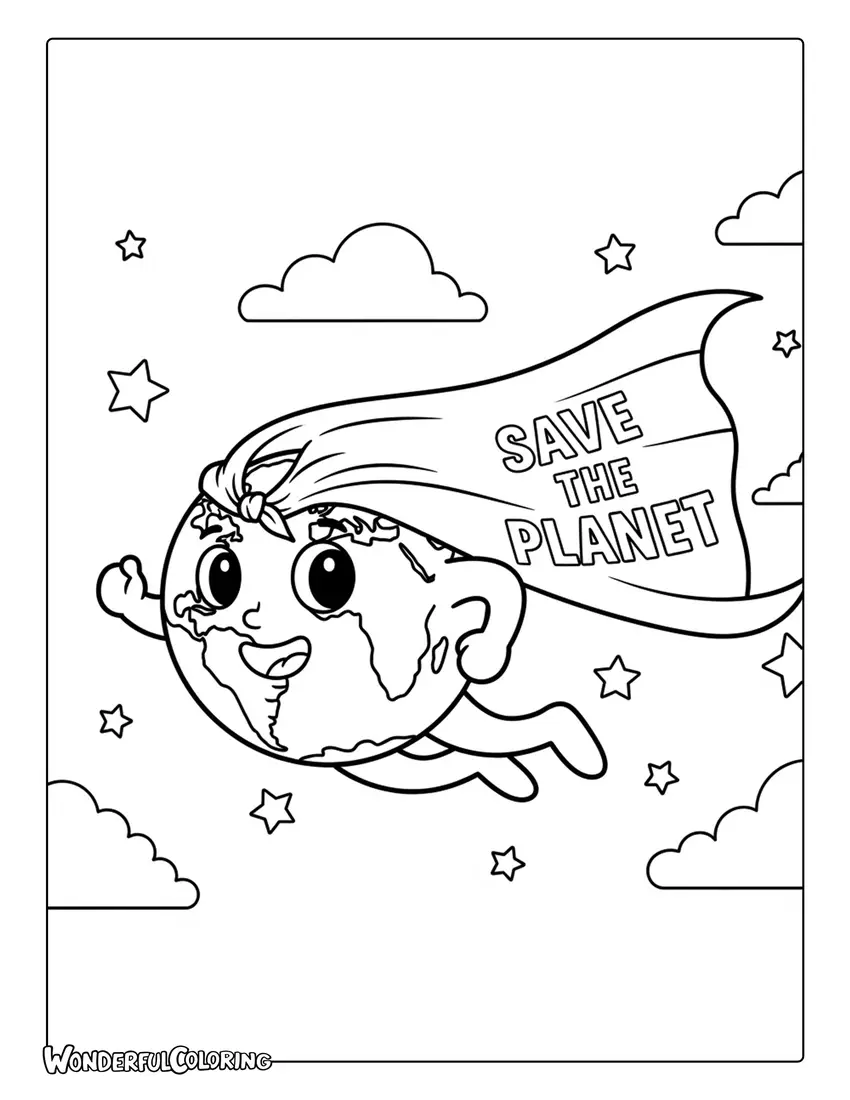 earth superhero save the planet cartoon coloring page
