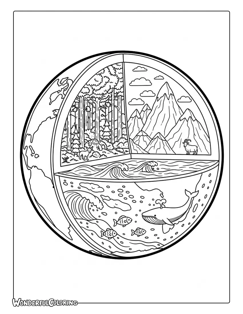 earth with ecosystems forest ocean mountains coloring page