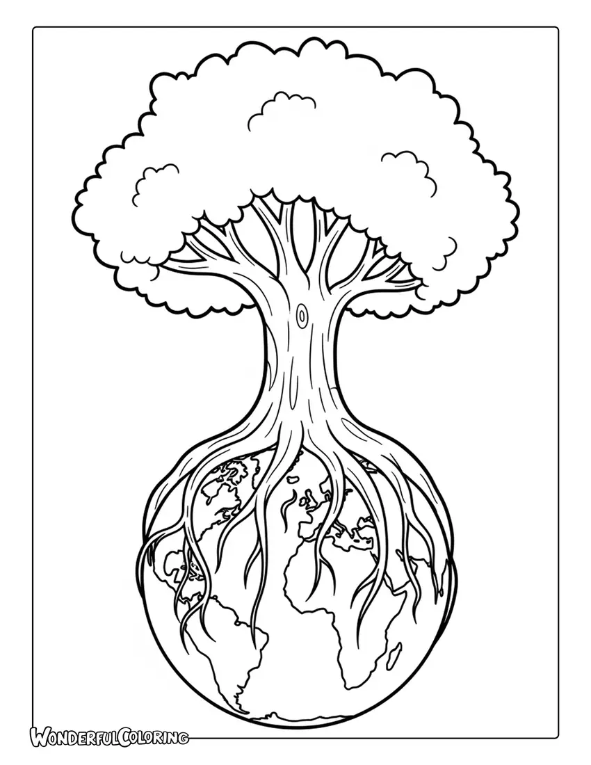 earth with tree roots wrapped around globe coloring page
