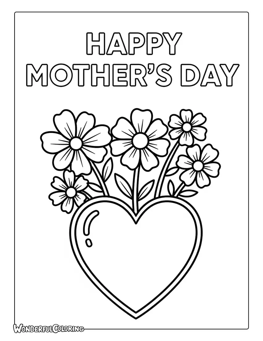 easy mothers day simple heart flowers coloring page minimal design