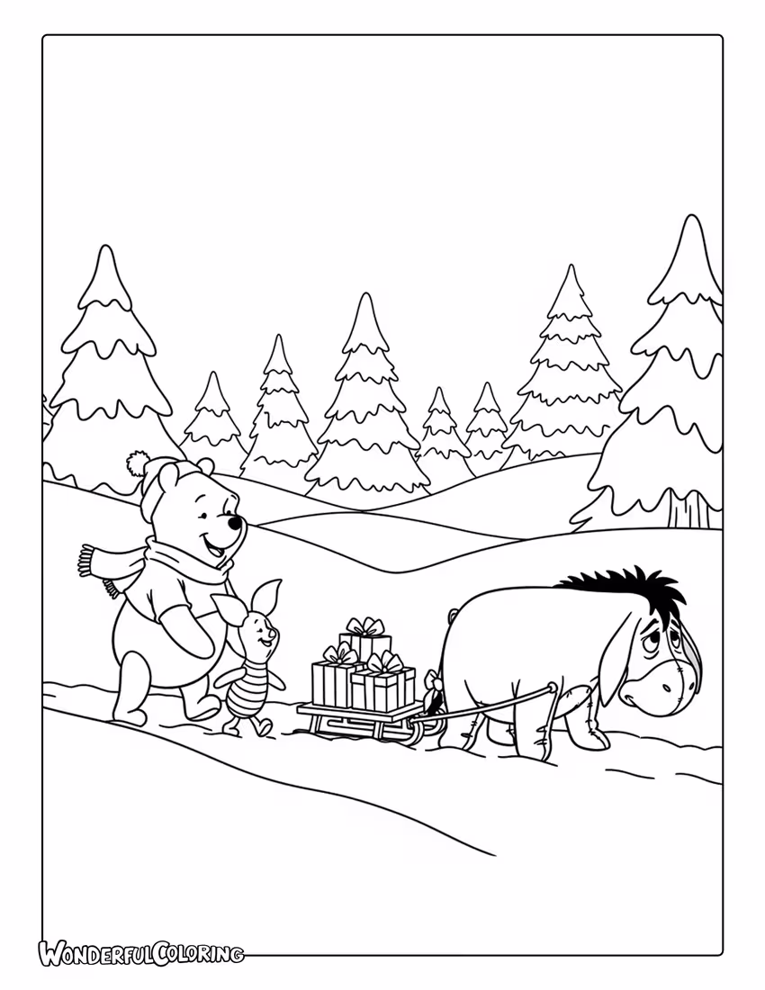 Eeyore Pulling Sled with Christmas Gifts and Friends Coloring Page