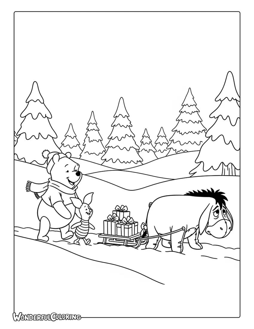 Eeyore Pulling Sled with Christmas Gifts and Friends Coloring Page