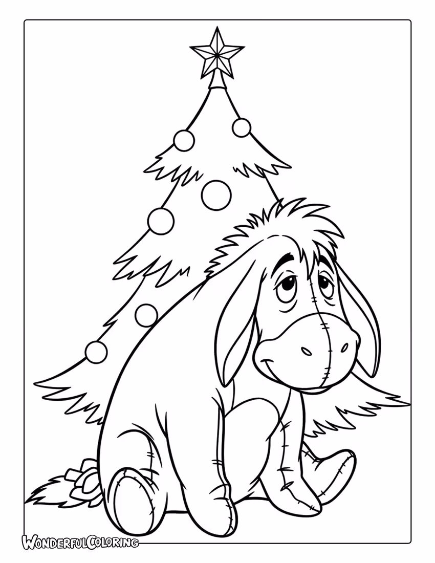 Eeyore with Christmas Tree Coloring Page