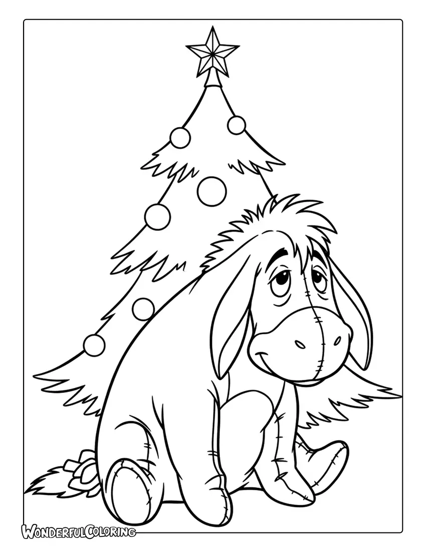 Eeyore with Christmas Tree Coloring Page