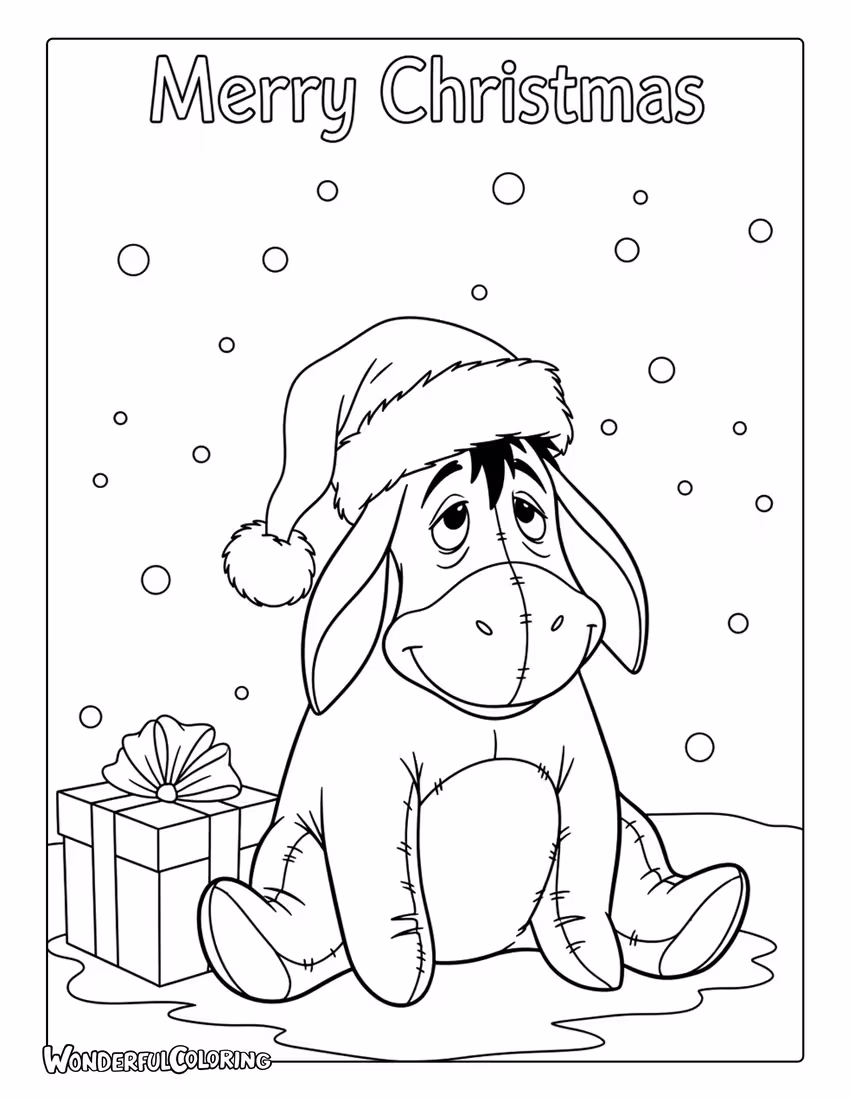 Eeyore with Christmas gift Merry Christmas coloring page
