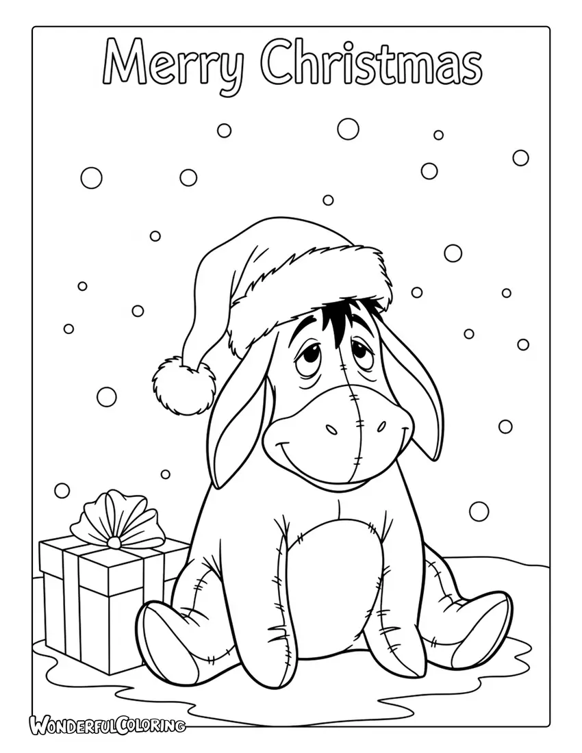 Eeyore with Christmas gift Merry Christmas coloring page