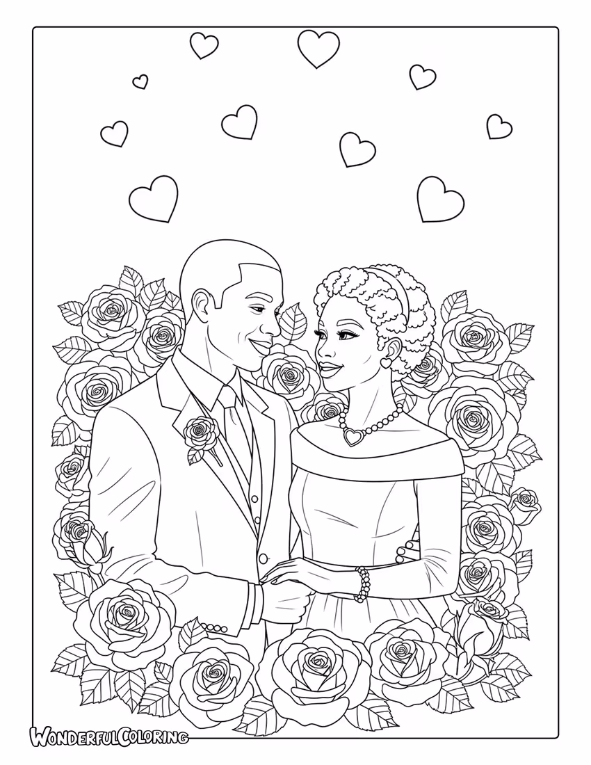 Elegant African American couple with roses coloring page