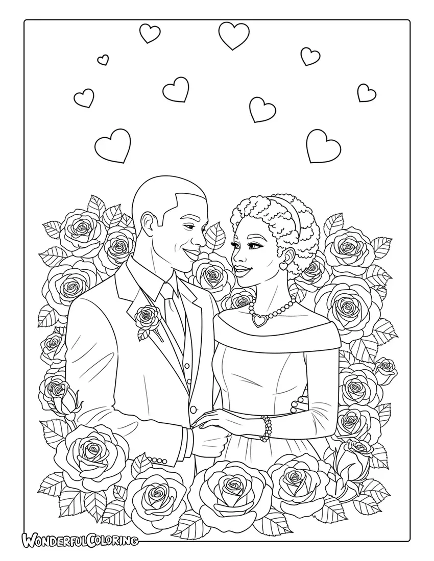 Elegant African American couple with roses coloring page
