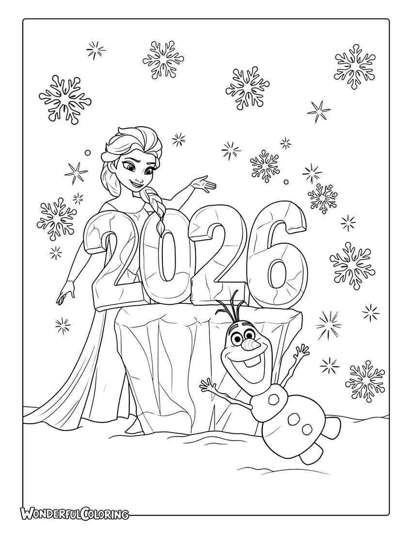 Frozen 2026 Celebration Coloring Page with Elsa, Olaf and ice sculpture.