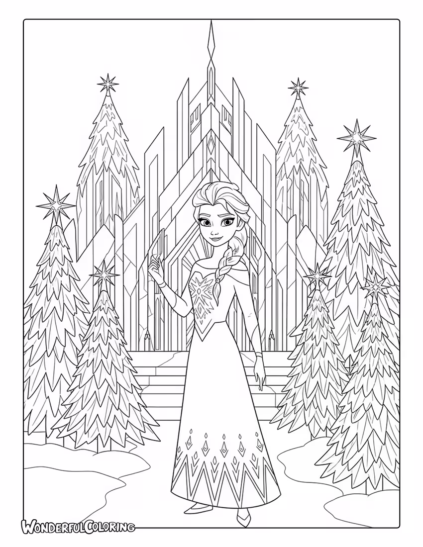 Elsa Ice Palace Christmas Trees Coloring Page