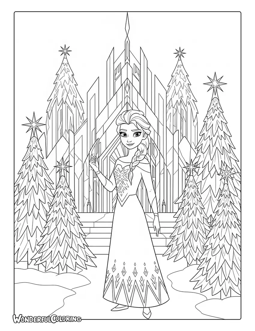 Elsa Ice Palace Christmas Trees Coloring Page