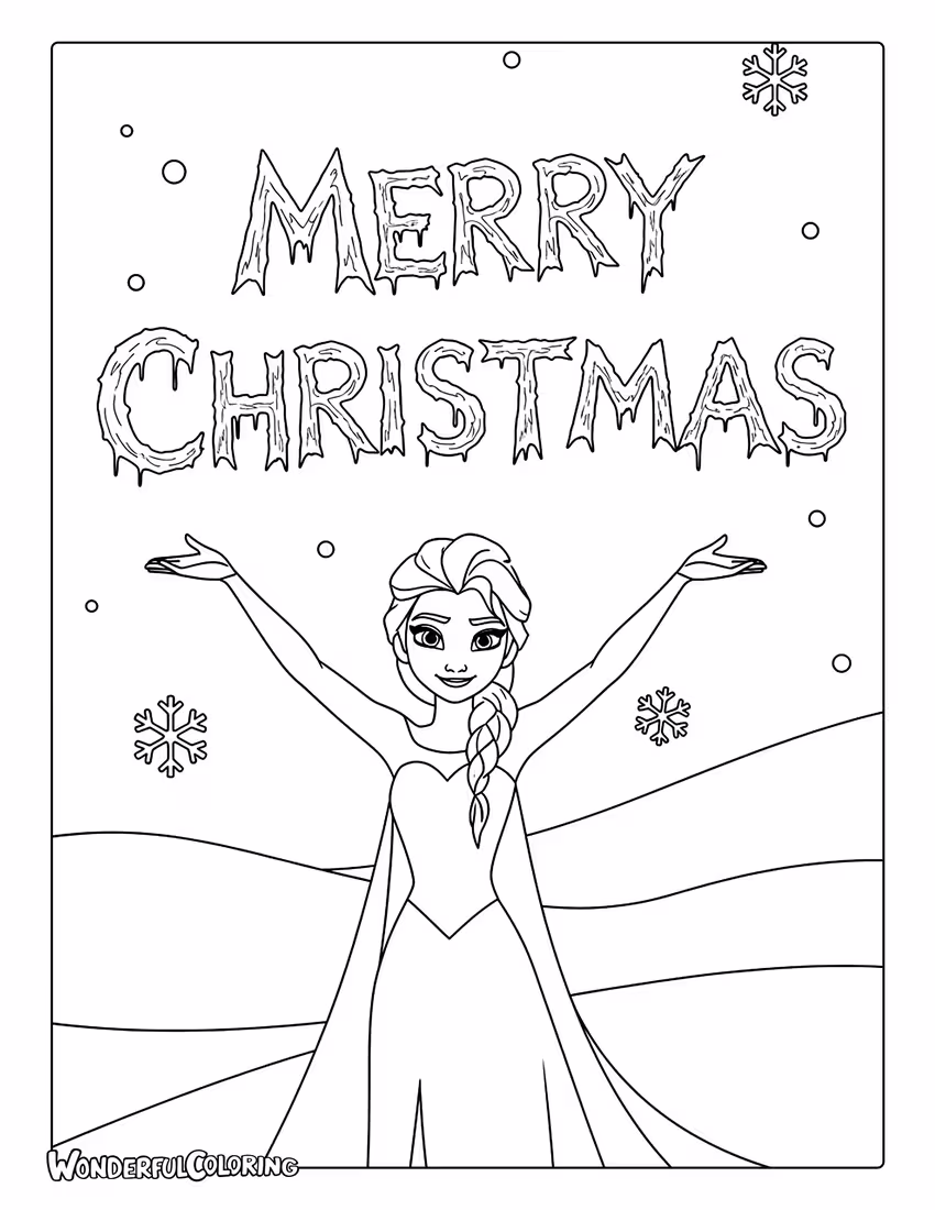 Elsa Merry Christmas Snowflakes Coloring Page