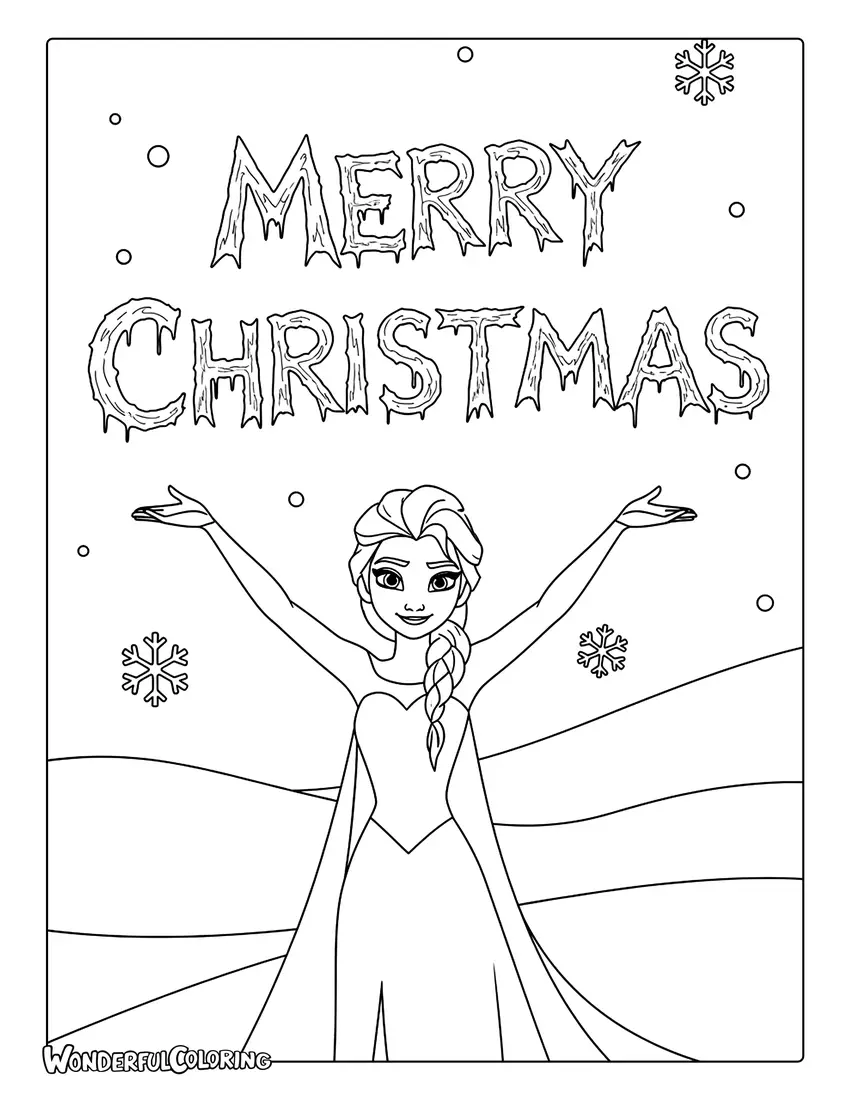Elsa Merry Christmas Snowflakes Coloring Page