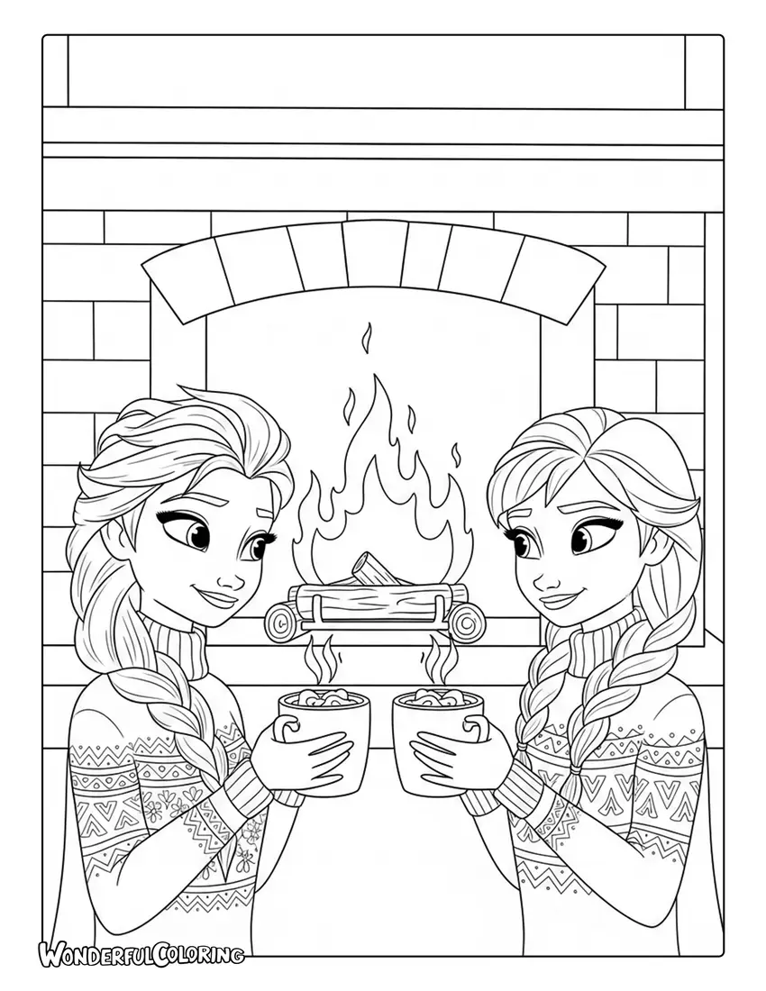 Elsa and Anna Drinking Hot Cocoa Coloring Page