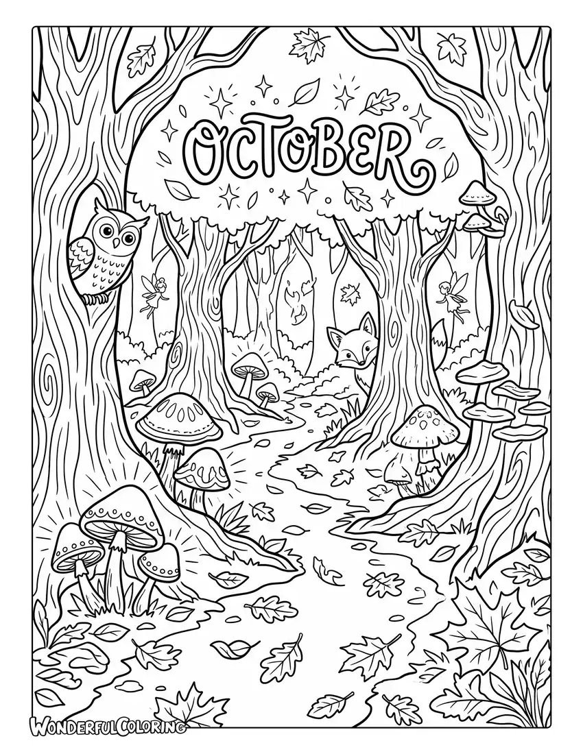Enchanted autumn forest coloring page with glowing mushrooms, colorful leaves, and magical creatures