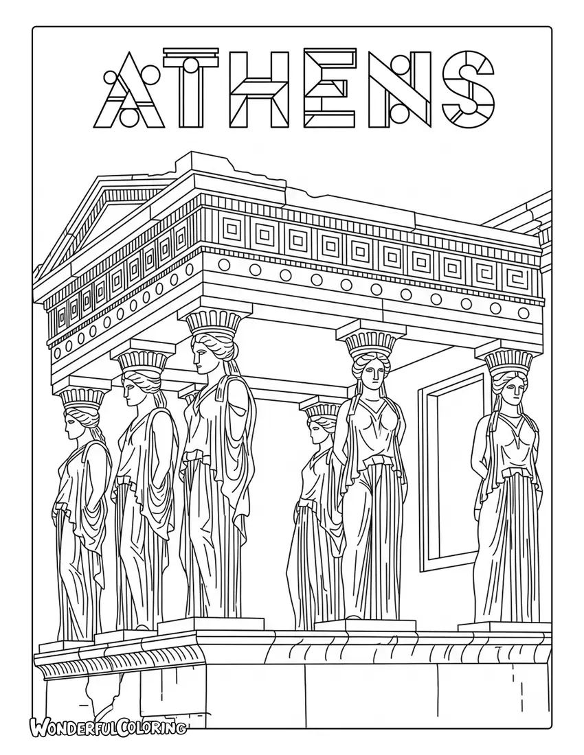 Erechtheion Caryatid statues Athens coloring page with elegant female columns