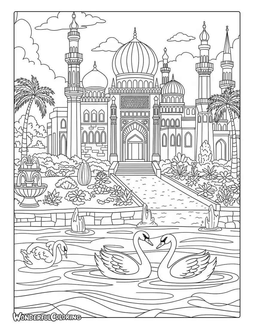 Fairytale Cairo palace coloring page beside the Nile River with gardens and swans