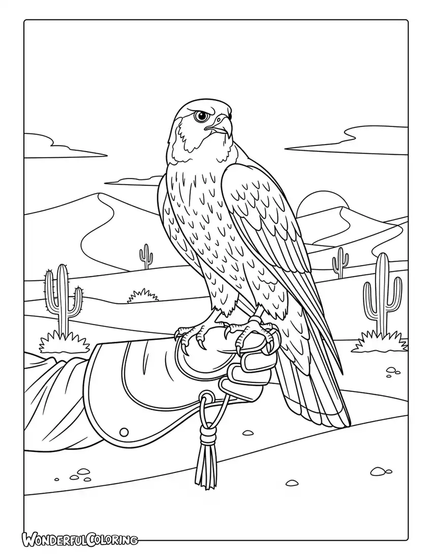 Falcon in Dubai desert coloring page with traditional Arabian wildlife scene