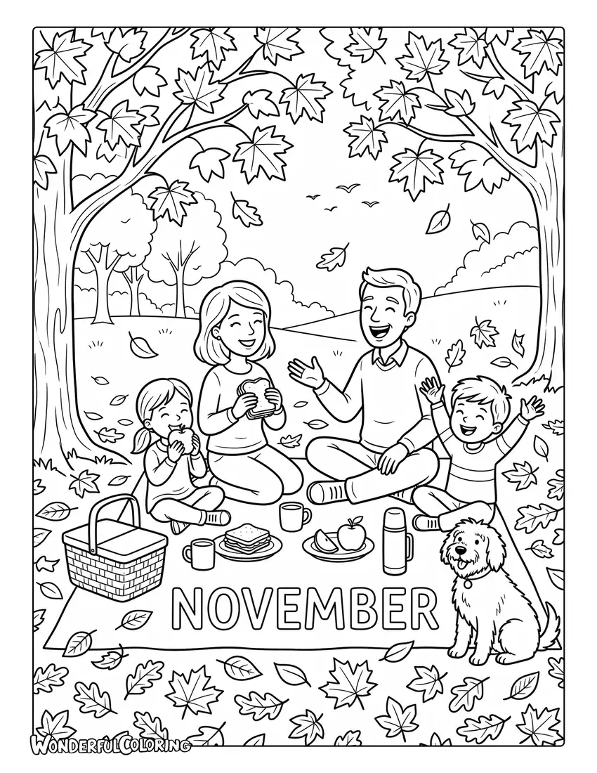 November family picnic coloring page with picnic blanket, golden maple trees, colorful fallen leaves, and happy family