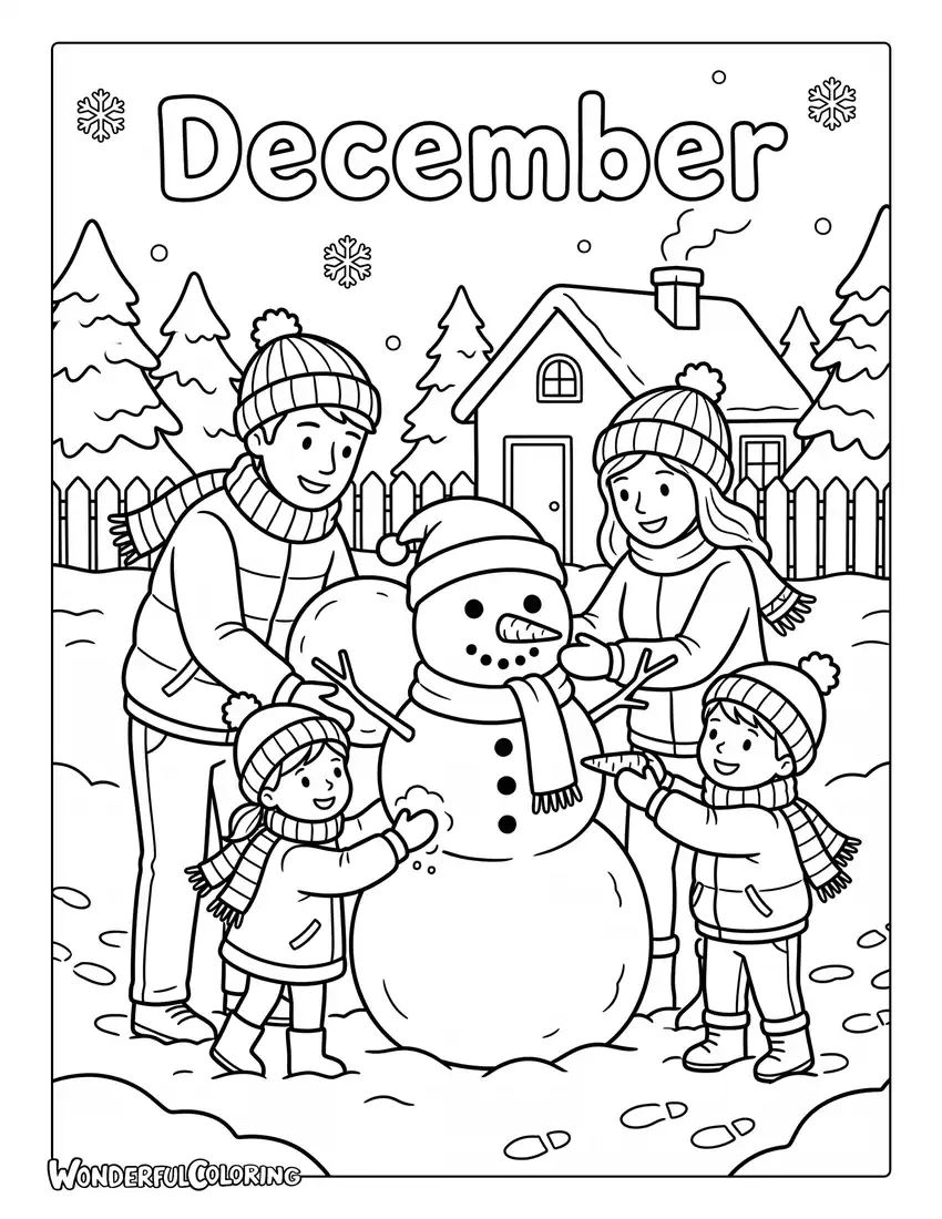 December snowman coloring page with a family building a snowman in a snowy backyard