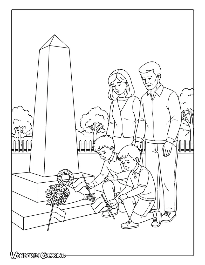 family placing flowers memorial flags coloring page