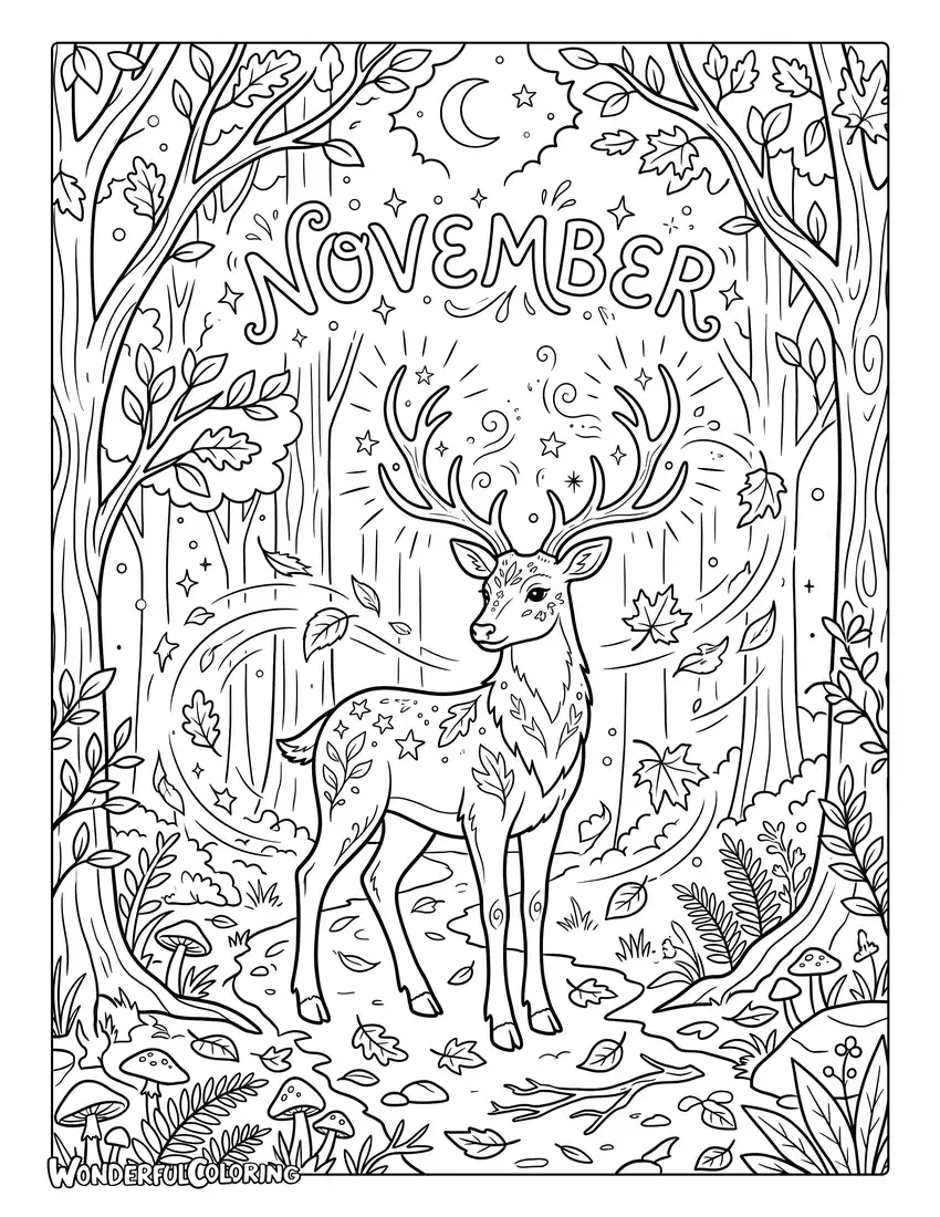 November fantasy deer coloring page featuring majestic deer, glowing antlers, enchanted autumn forest, and swirling golden leaves