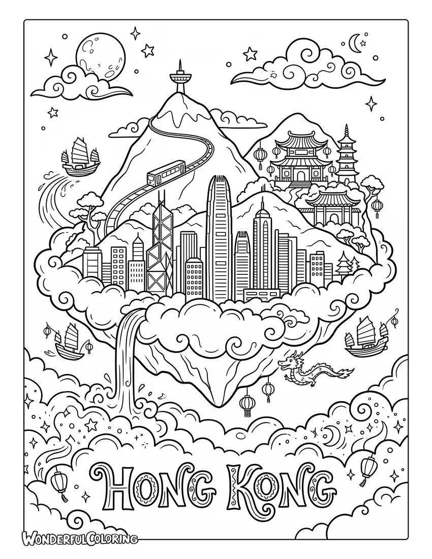 Fantasy Hong Kong skyline above the clouds coloring page