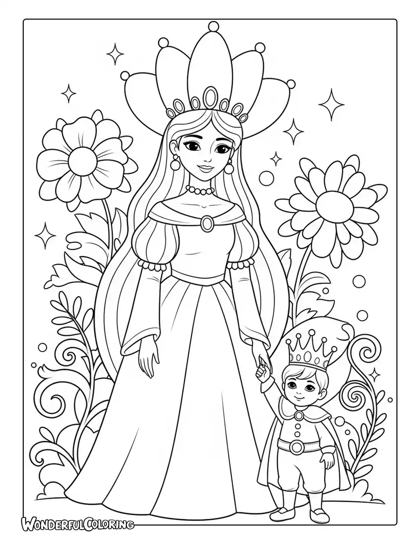 fantasy mother queen flower crown coloring page magical scene