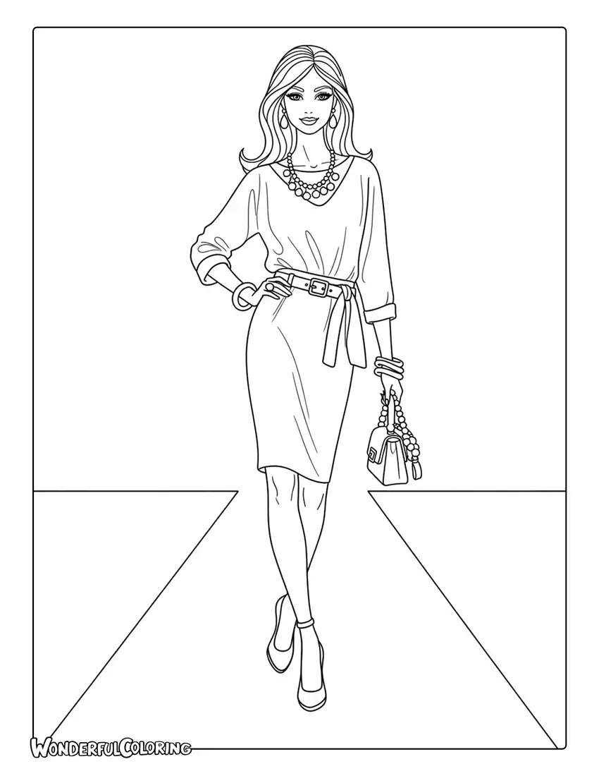 fashion Barbie runway model outfit coloring page