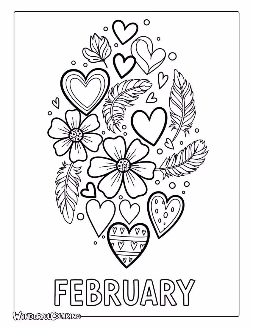 February boho hearts floral coloring page