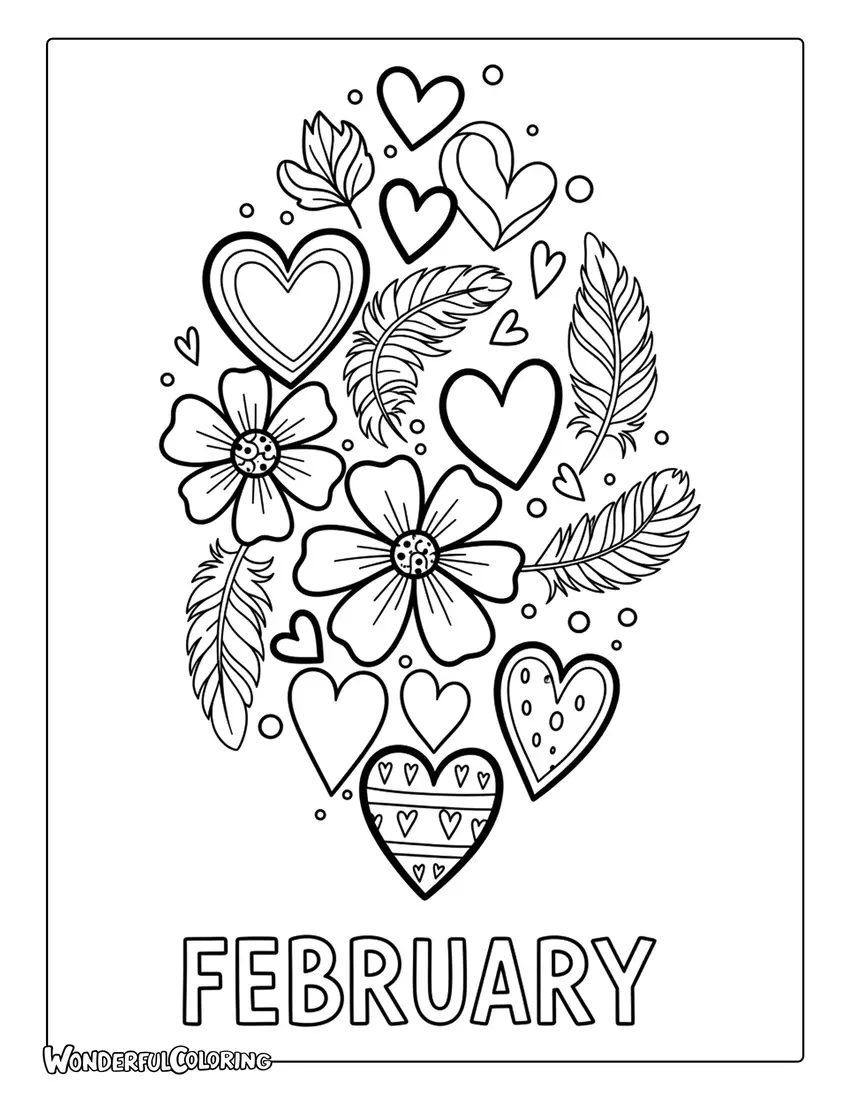 February boho hearts floral coloring page
