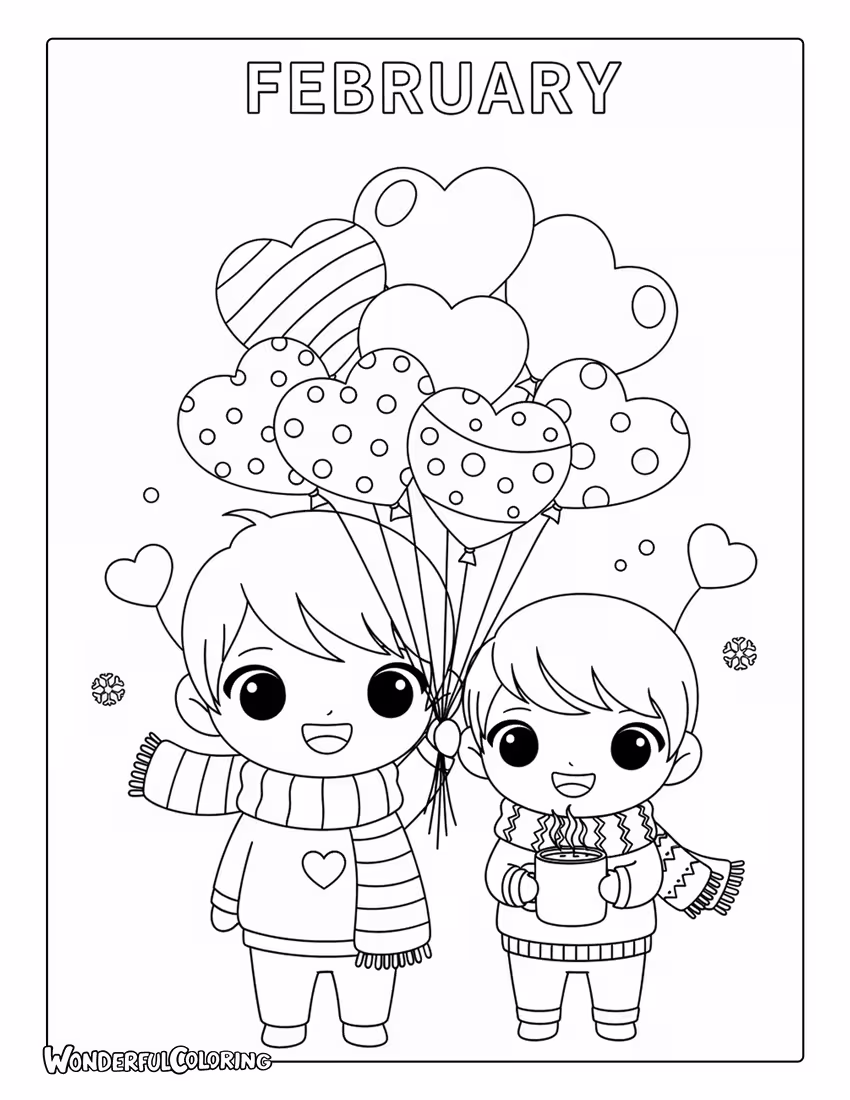 February chibi kids Valentine theme coloring page