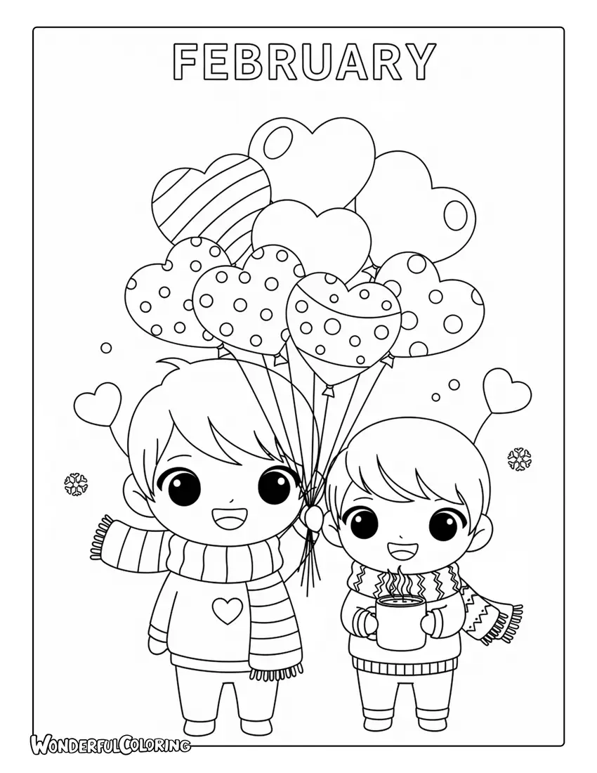 February chibi kids Valentine theme coloring page