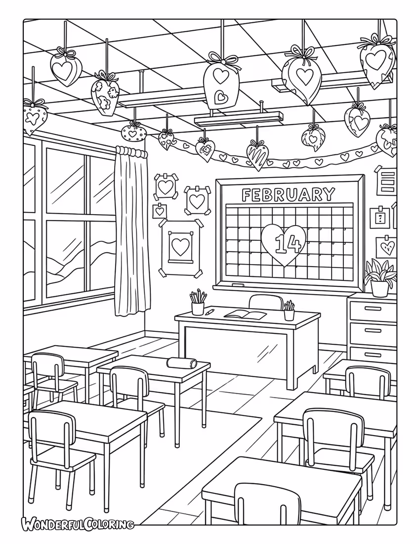 February classroom Valentine decorations coloring page